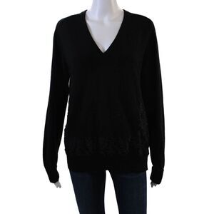 No21 Womens V-Neck Long Sleeve Lace Panel Detail Knit Sweater Black Size M